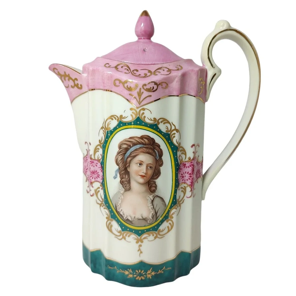 Vintage Royal Vienna Chocolate Pot with Four Cups Set Victorian Woman Pink Tea‎